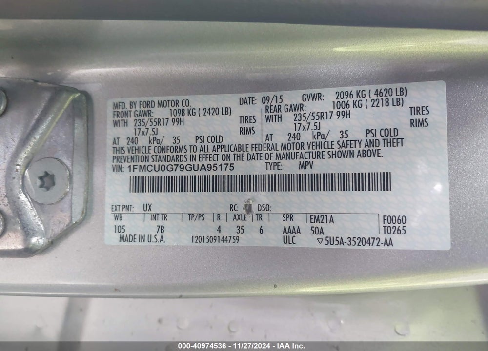 2016 FORD ESCAPE SE VIN: 1FMCU0G79GUA95175