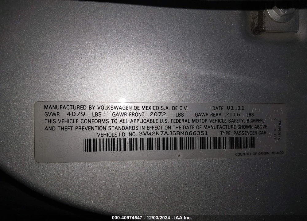 2011 VOLKSWAGEN JETTA 2.0L S VIN: 3VW2K7AJ5BM066351
