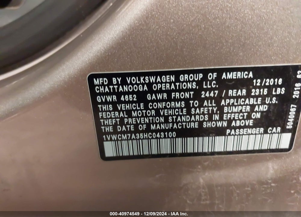 2017 VOLKSWAGEN PASSAT VIN: 1VWCM7A35HC043100