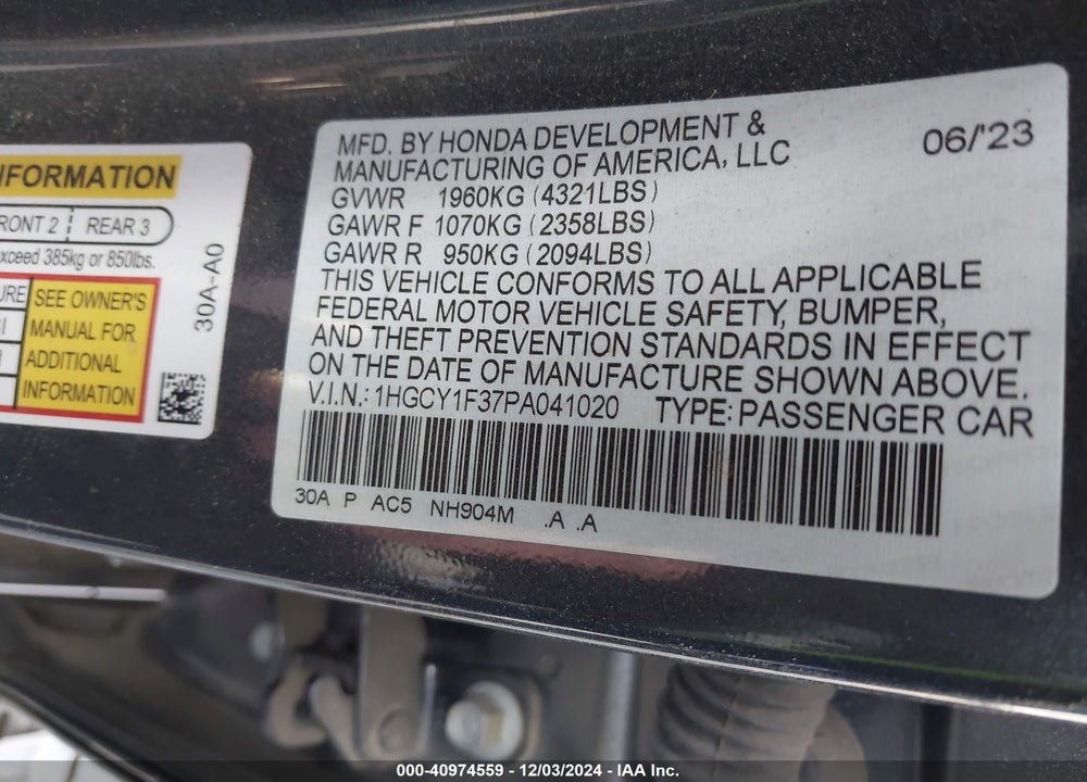 2023 HONDA ACCORD EX VIN: 1HGCY1F37PA041020