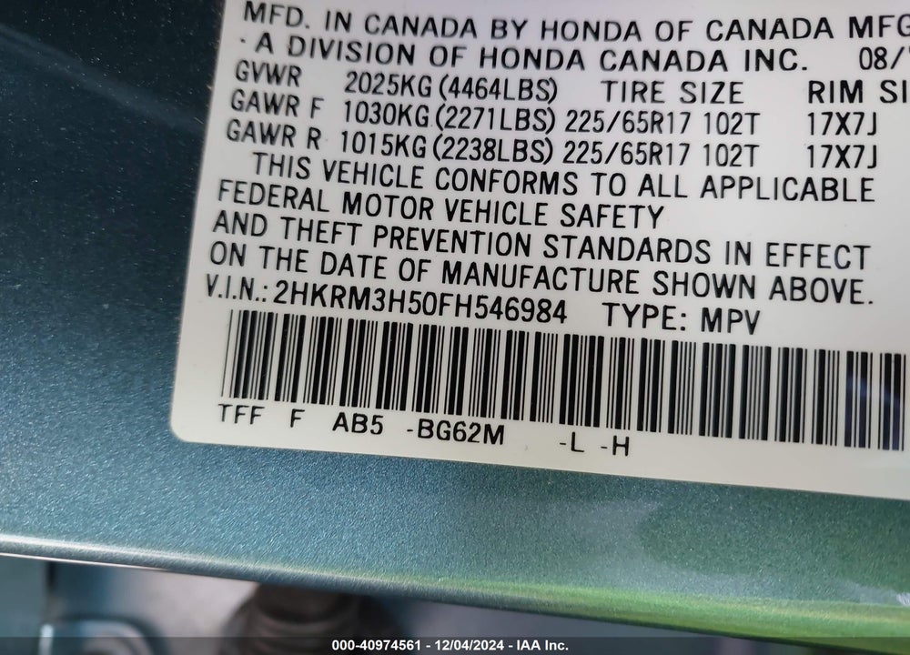 2015 HONDA CR-V EX VIN: 2HKRM3H50FH546984