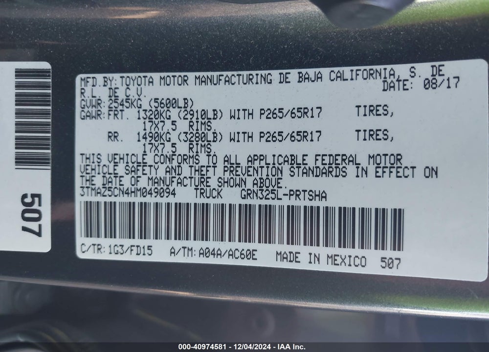 2017 TOYOTA TACOMA TRD SPORT VIN: 3TMAZ5CN4HM049094