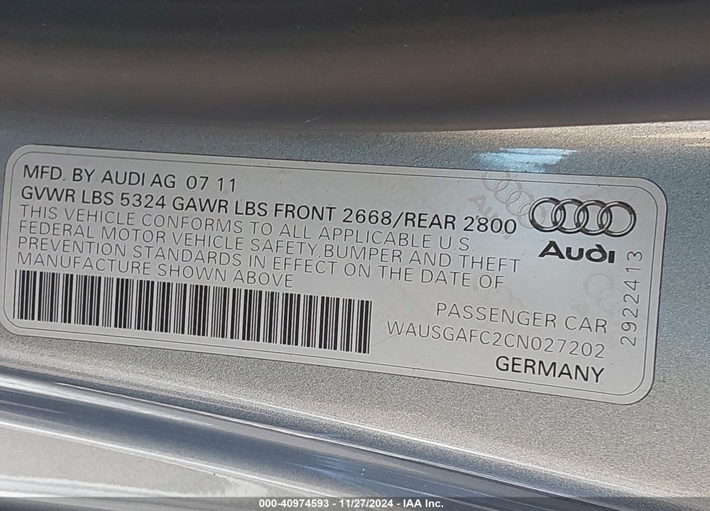 2012 AUDI A7 PREMIUM VIN: WAUSGAFC2CN027202
