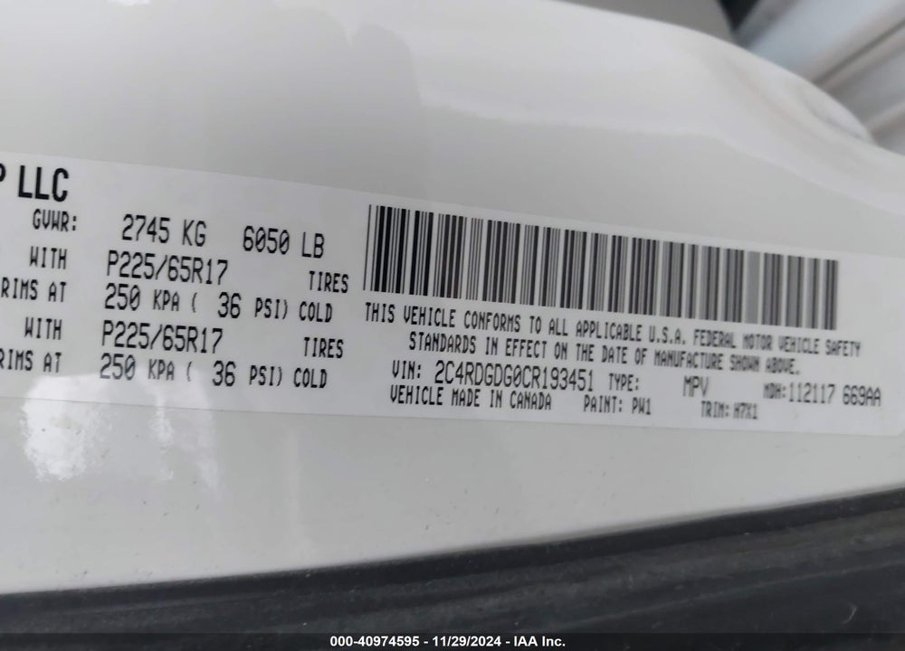 2012 DODGE GRAND CARAVAN CREW VIN: 2C4RDGDG0CR193451