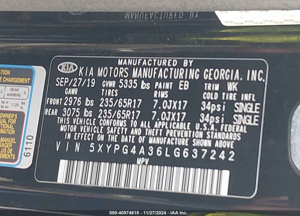 2020 KIA SORENTO 2.4L LX VIN: 5XYPG4A36LG637242