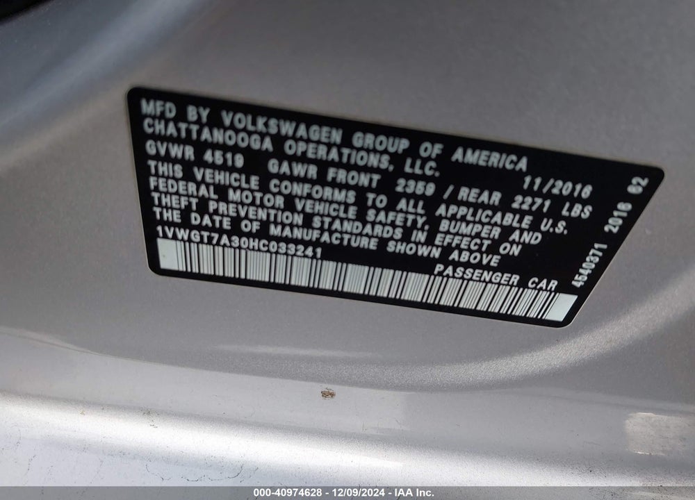 2017 VOLKSWAGEN PASSAT 1.8T SE VIN: 1VWGT7A30HC033241