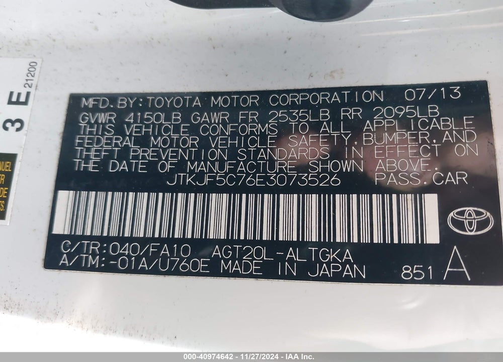 2014 SCION TC VIN: JTKJF5C76E3073526