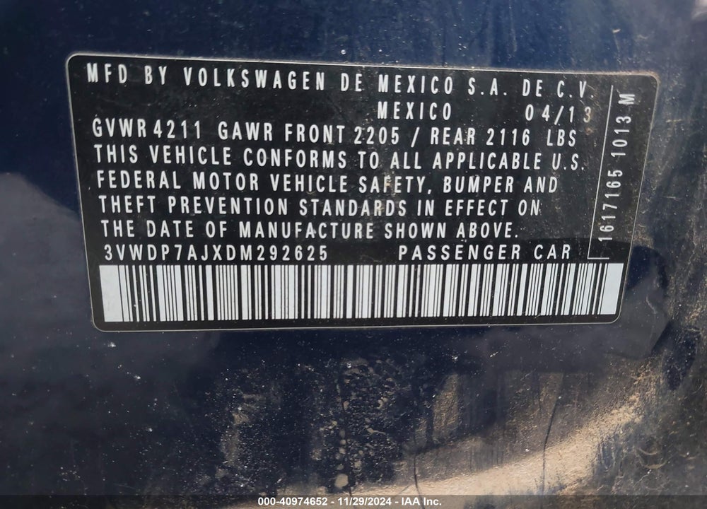 2013 VOLKSWAGEN JETTA 2.5L SE VIN: 3VWDP7AJXDM292625
