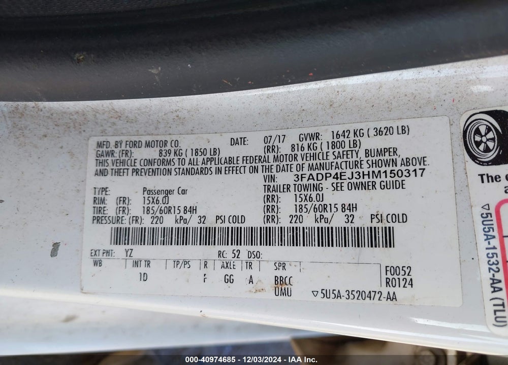2017 FORD FIESTA VIN: 3FADP4EJ3HM150317