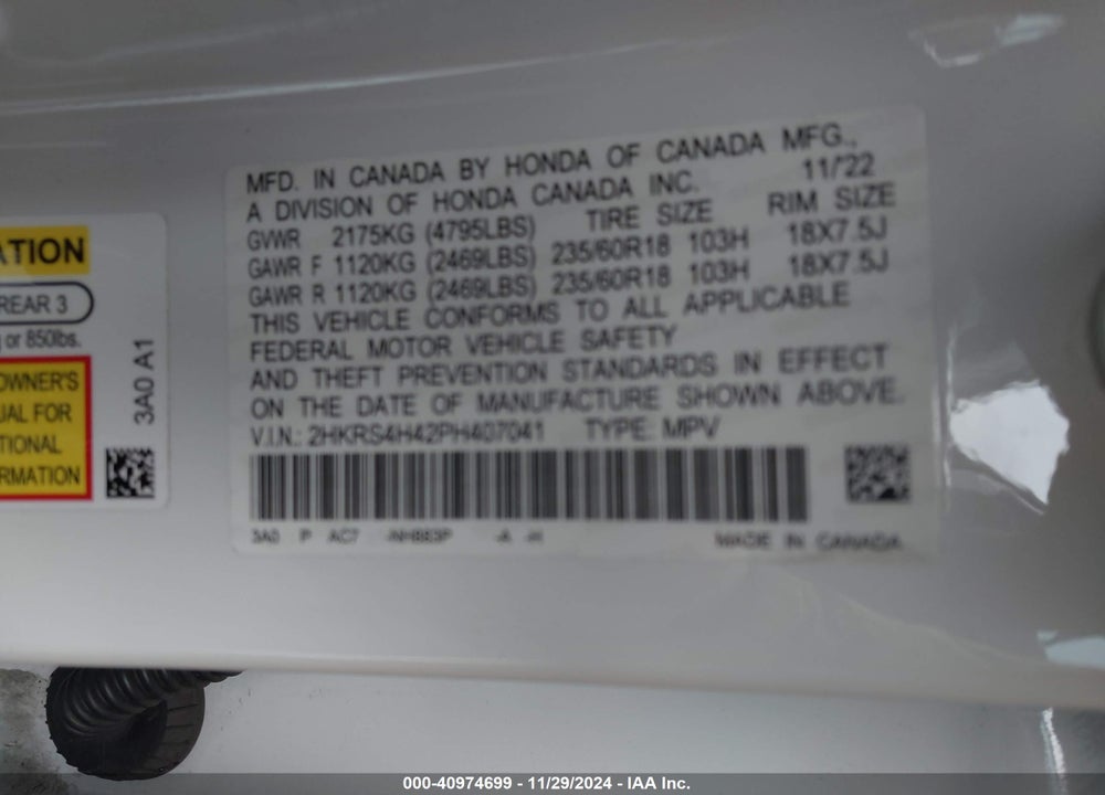 2023 HONDA CR-V EX AWD VIN: 2HKRS4H42PH407041