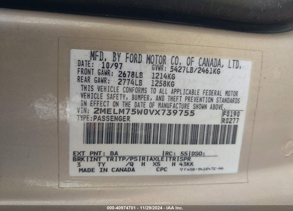 1997 MERCURY GRAND MARQUIS LS VIN: 2MELM75W0VX739755