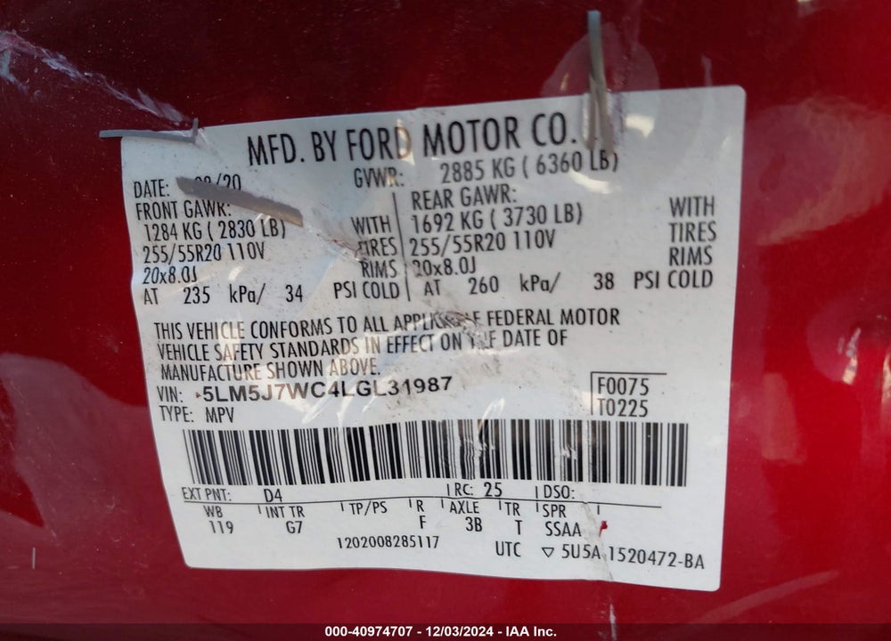 2020 LINCOLN AVIATOR RESERVE VIN: 5LM5J7WC4LGL31987