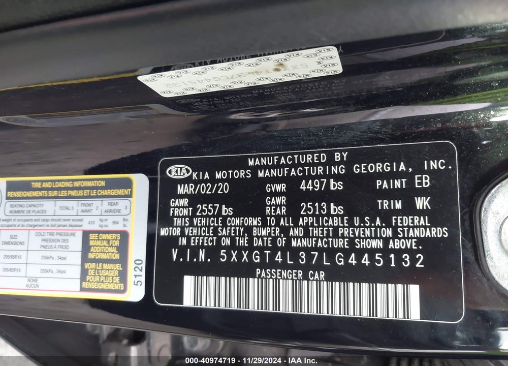 2020 KIA OPTIMA LX VIN: 5XXGT4L37LG445132