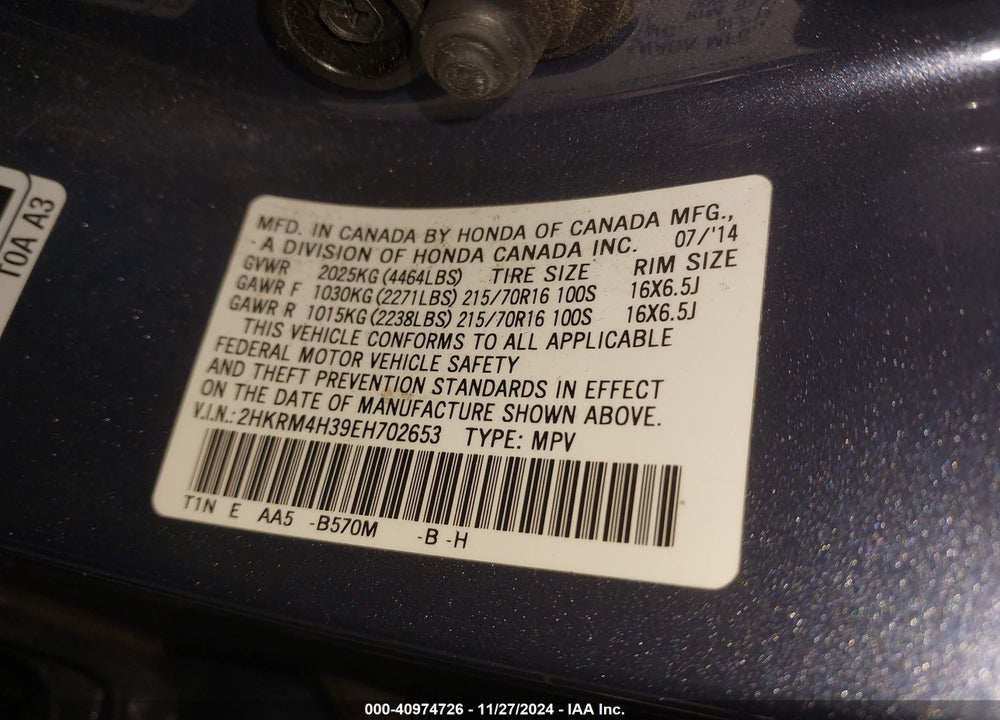 2014 HONDA CR-V LX VIN: 2HKRM4H39EH702653