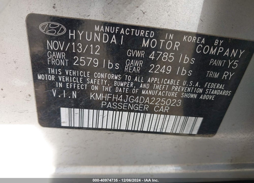 2013 HYUNDAI AZERA VIN: KMHFH4JG4DA225023