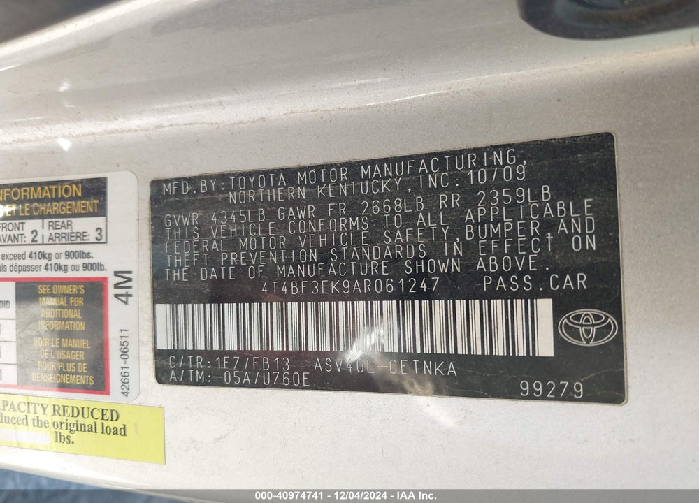2010 TOYOTA CAMRY LE/SE/XLE VIN: 4T4BF3EK9AR061247