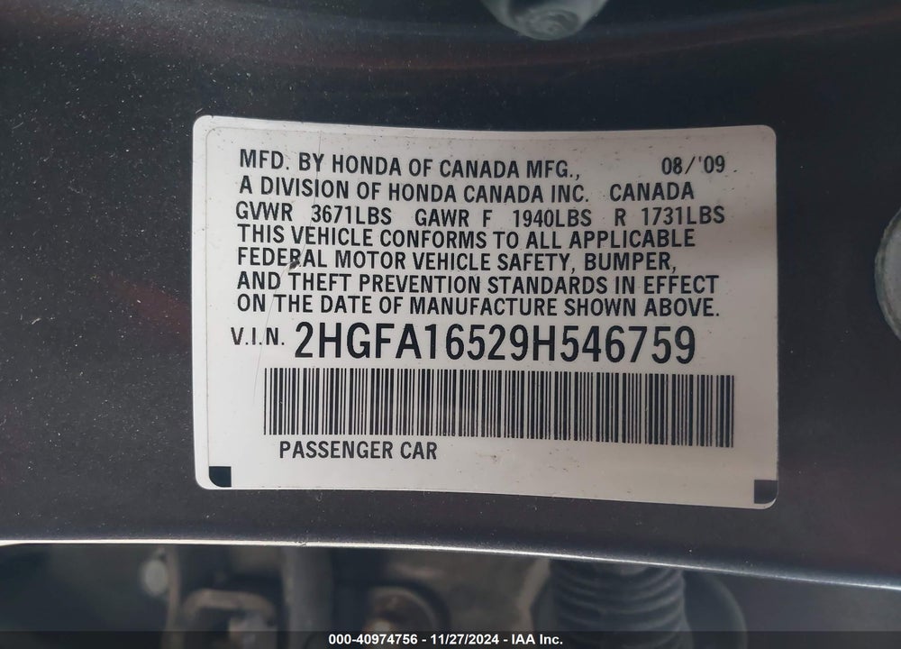 2009 HONDA CIVIC LX VIN: 2HGFA16529H546759