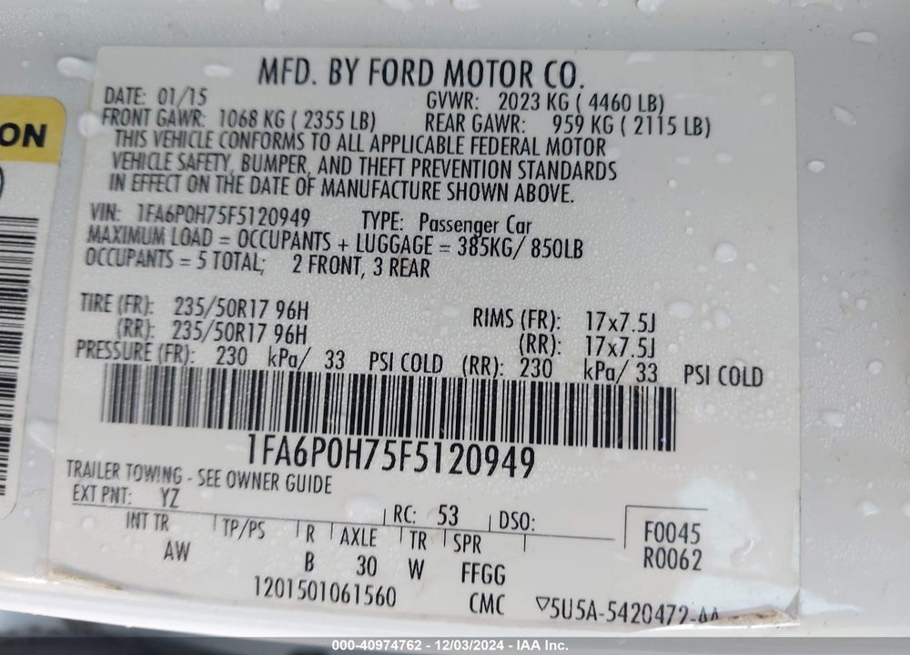 2015 FORD FUSION SE VIN: 1FA6P0H75F5120949
