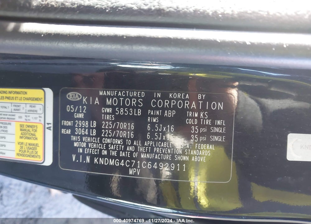 2012 KIA SEDONA LX VIN: KNDMG4C71C6492911