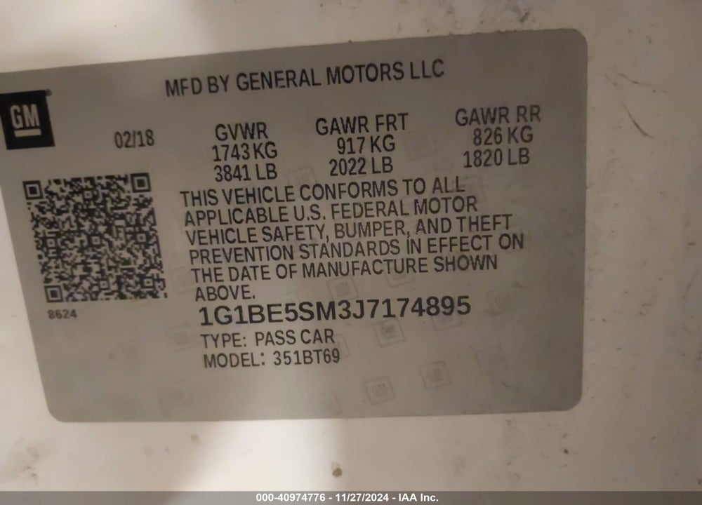 2018 CHEVROLET CRUZE LT AUTO VIN: 1G1BE5SM3J7174895