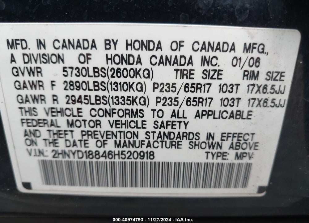 2006 ACURA MDX VIN: 2HNYD18846H520918