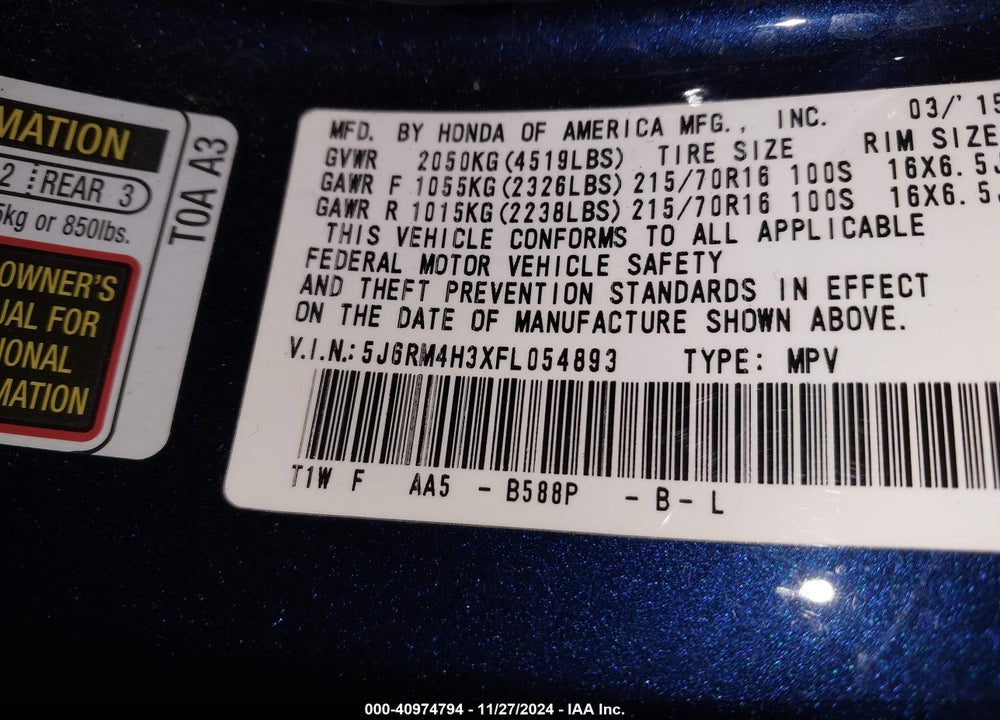 2015 HONDA CR-V LX VIN: 5J6RM4H3XFL054893