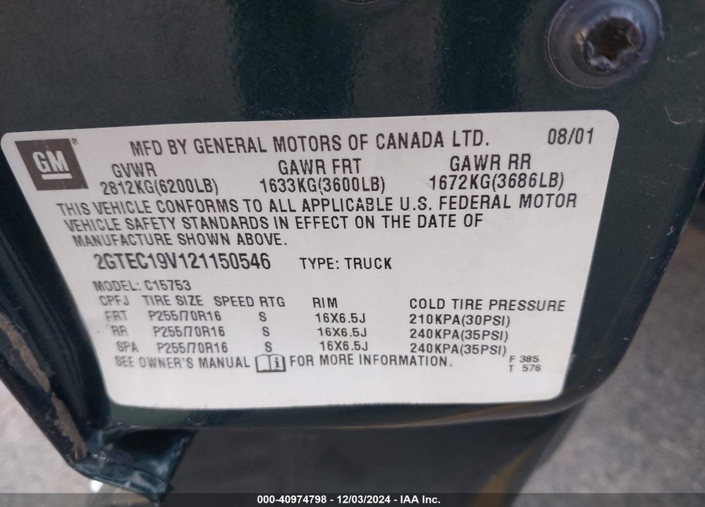 2002 GMC SIERRA 1500 SLE VIN: 2GTEC19V121150546