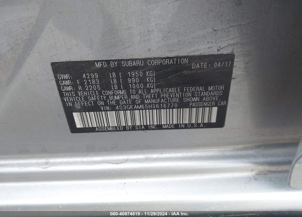 2017 SUBARU IMPREZA 2.0I SPORT VIN: 4S3GKAM65H3616770