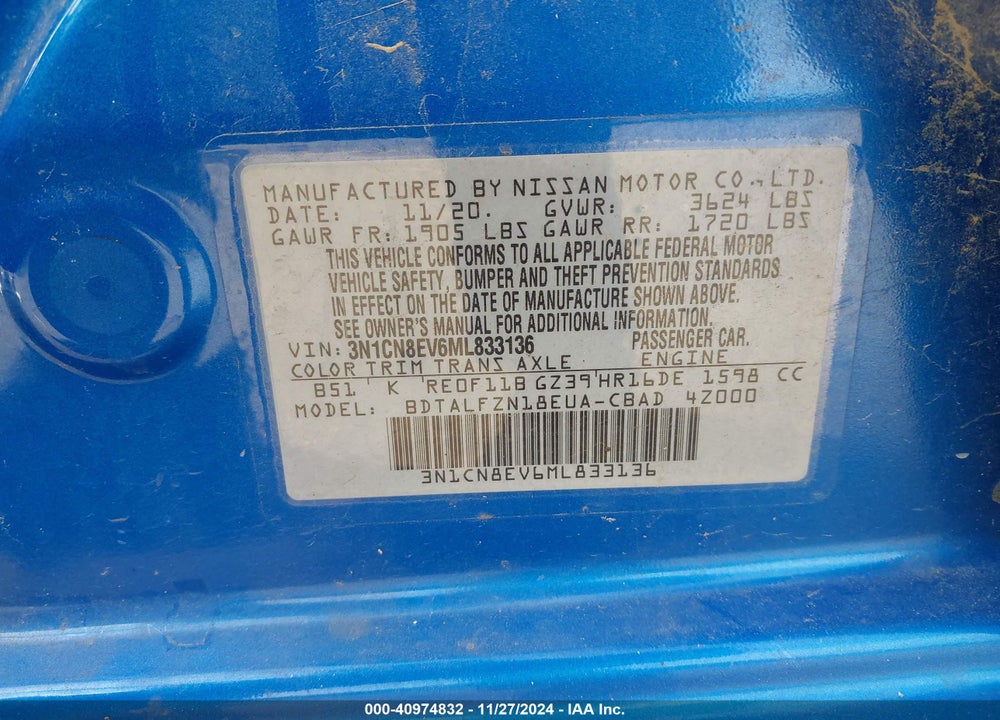 2021 NISSAN VERSA VIN: 3N1CN8EV6ML833136