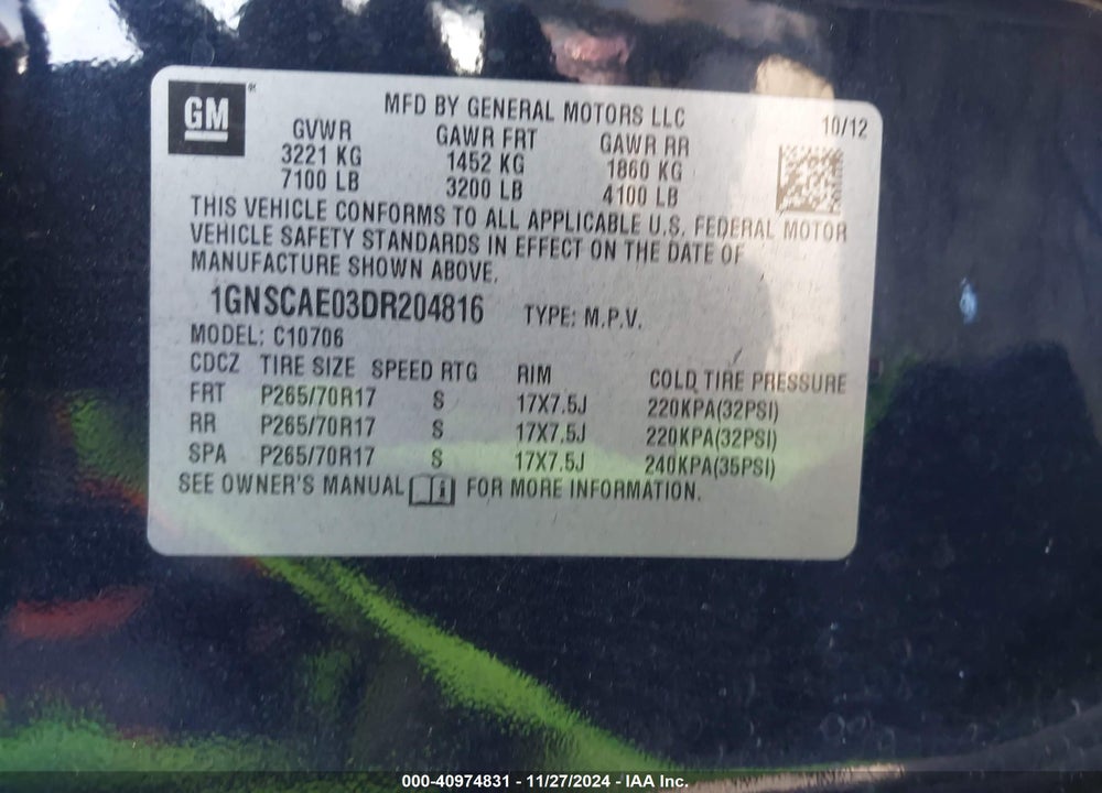 2013 CHEVROLET TAHOE LS VIN: 1GNSCAE03DR204816