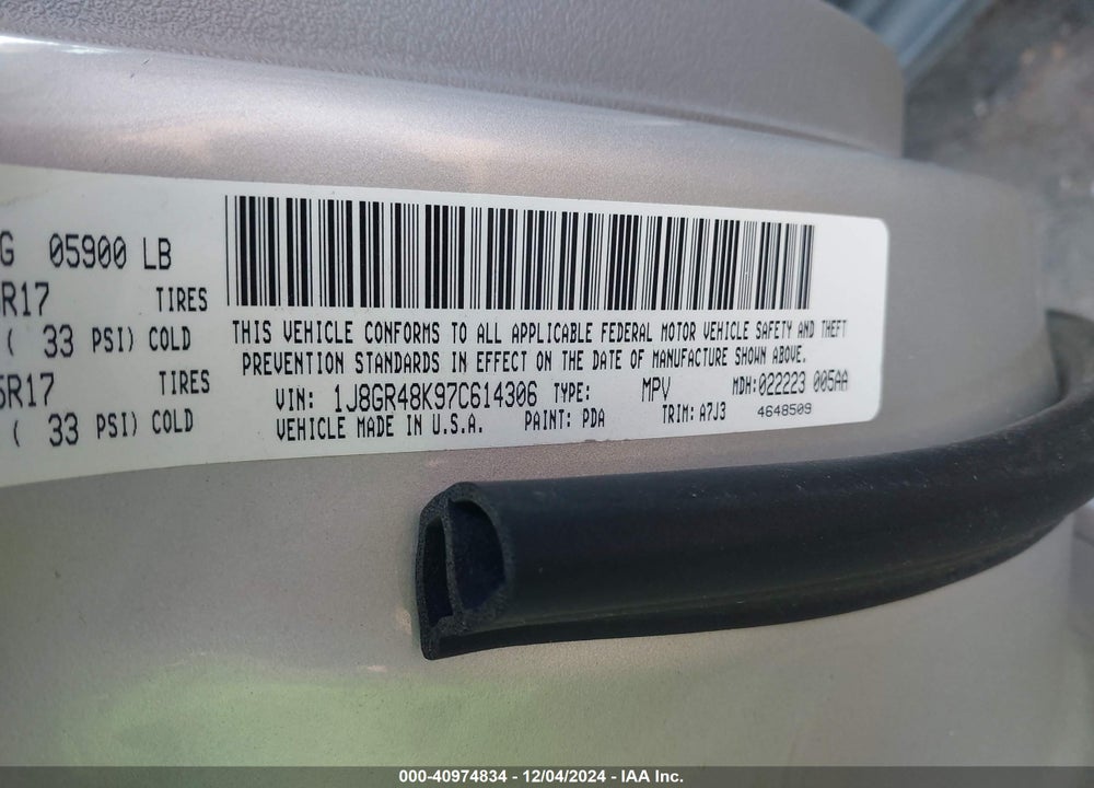 2007 JEEP GRAND CHEROKEE LAREDO VIN: 1J8GR48K97C614306