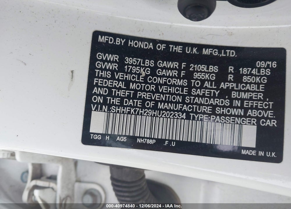 2017 HONDA CIVIC LX VIN: SHHFK7H29HU202334