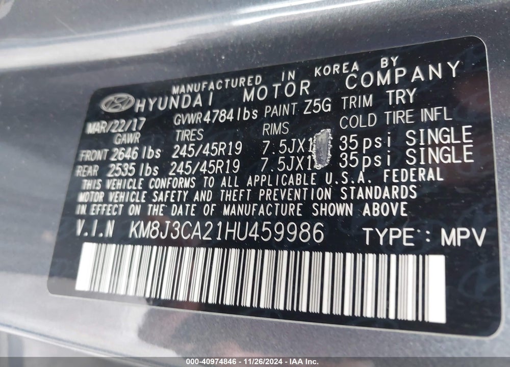 2017 HYUNDAI TUCSON SPORT VIN: KM8J3CA21HU459986