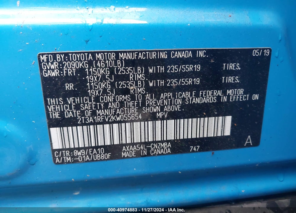 2019 TOYOTA RAV4 XLE PREMIUM VIN: 2T3A1RFV2KW055654