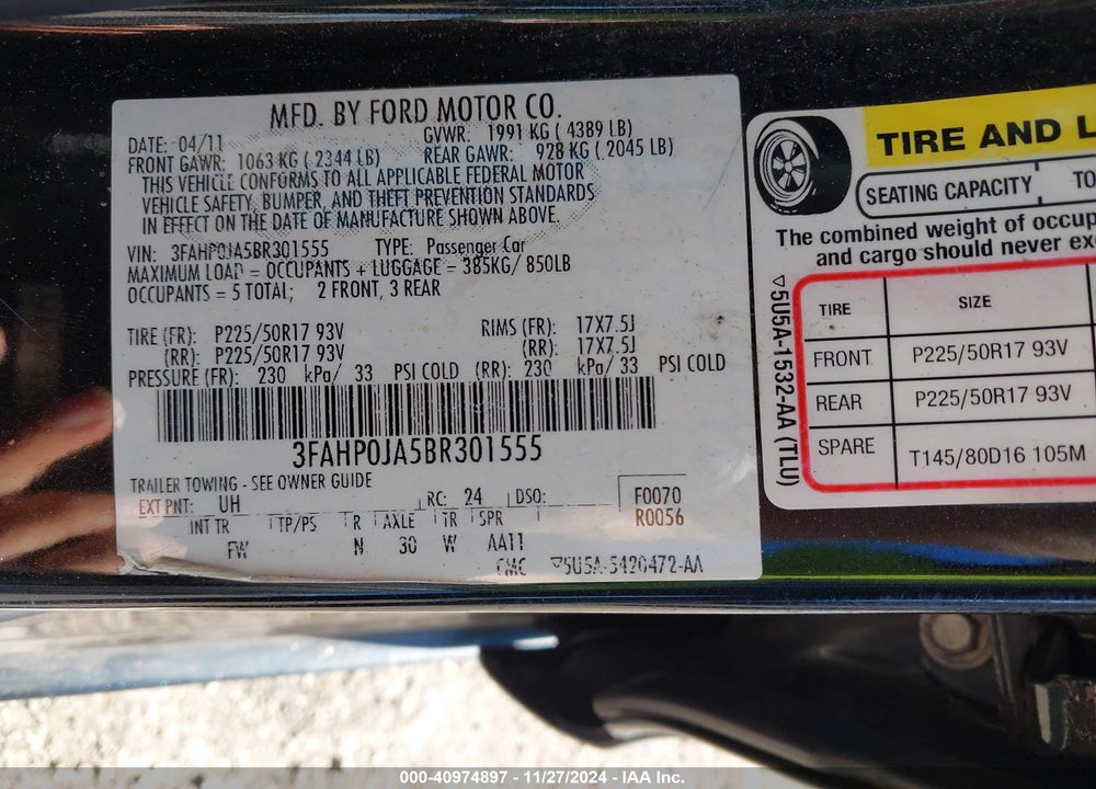 2011 FORD FUSION SEL VIN: 3FAHP0JA5BR301555