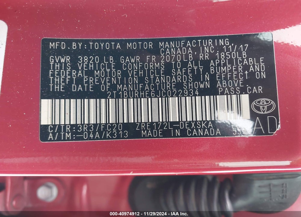 2018 TOYOTA COROLLA SE VIN: 2T1BURHE6JC022934