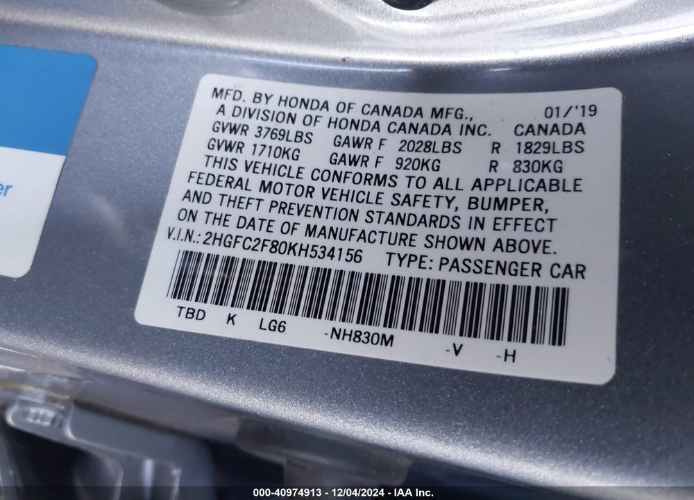 2019 HONDA CIVIC SPORT VIN: 2HGFC2F80KH534156