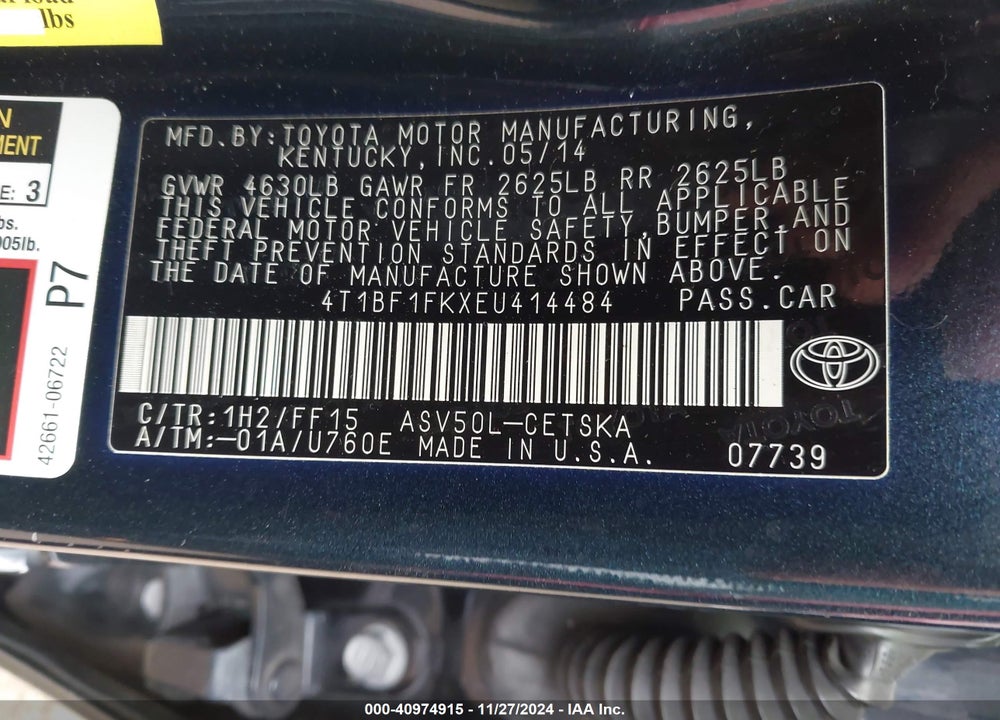 2014 TOYOTA CAMRY SE VIN: 4T1BF1FKXEU414484