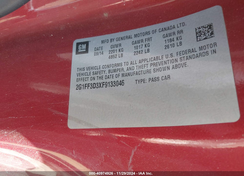 2015 CHEVROLET CAMARO 2LT VIN: 2G1FF3D3XF9133046