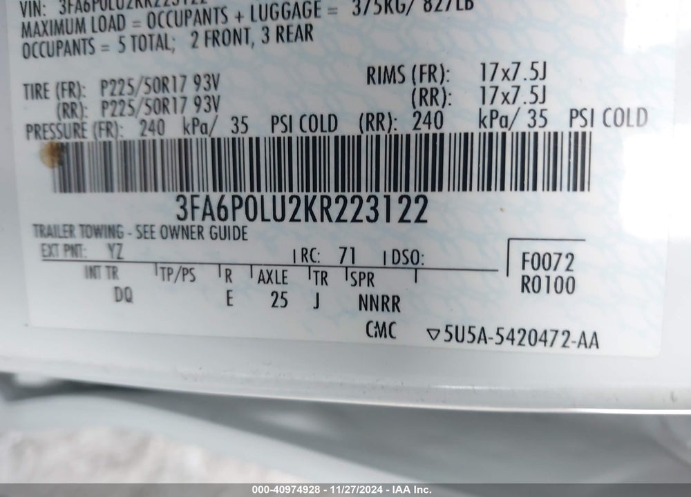 2019 FORD FUSION HYBRID SE VIN: 3FA6P0LU2KR223122