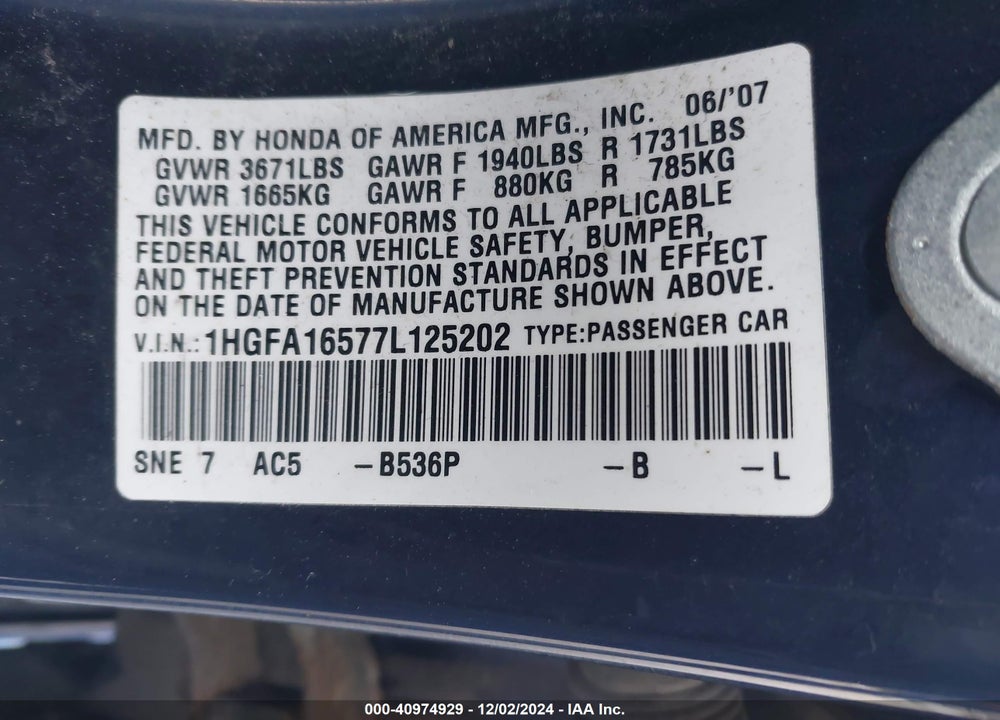 2007 HONDA CIVIC LX VIN: 1HGFA16577L125202