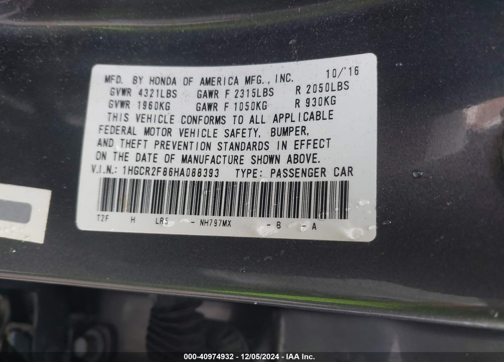 2017 HONDA ACCORD EX-L VIN: 1HGCR2F86HA088393