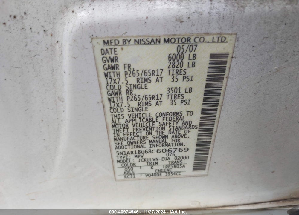 2008 NISSAN PATHFINDER LE VIN: 5N1AR18U68C606769