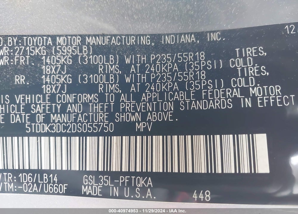 2013 TOYOTA SIENNA XLE LIMITED VIN: 5TDDK3DC2DS055750