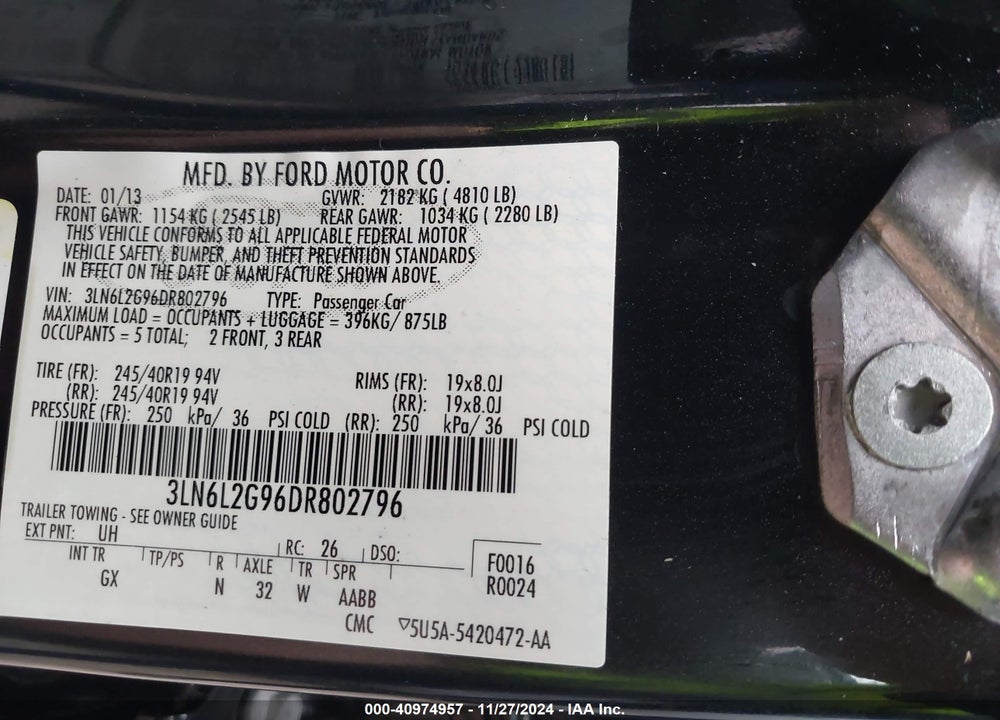 2013 LINCOLN MKZ VIN: 3LN6L2G96DR802796
