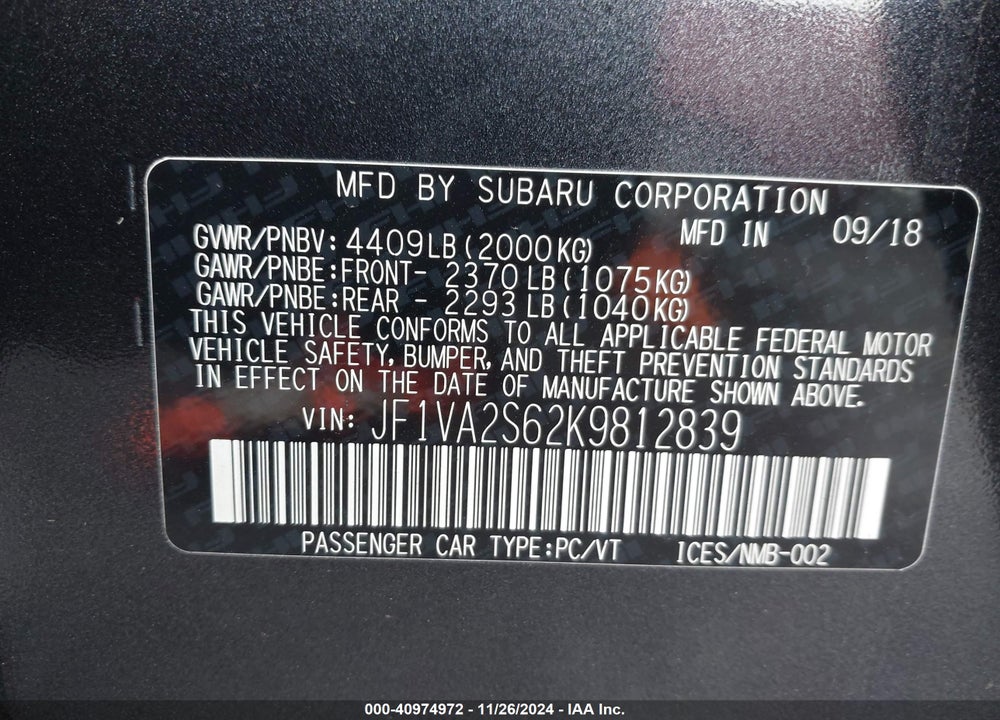 2019 SUBARU WRX STI VIN: JF1VA2S62K9812839