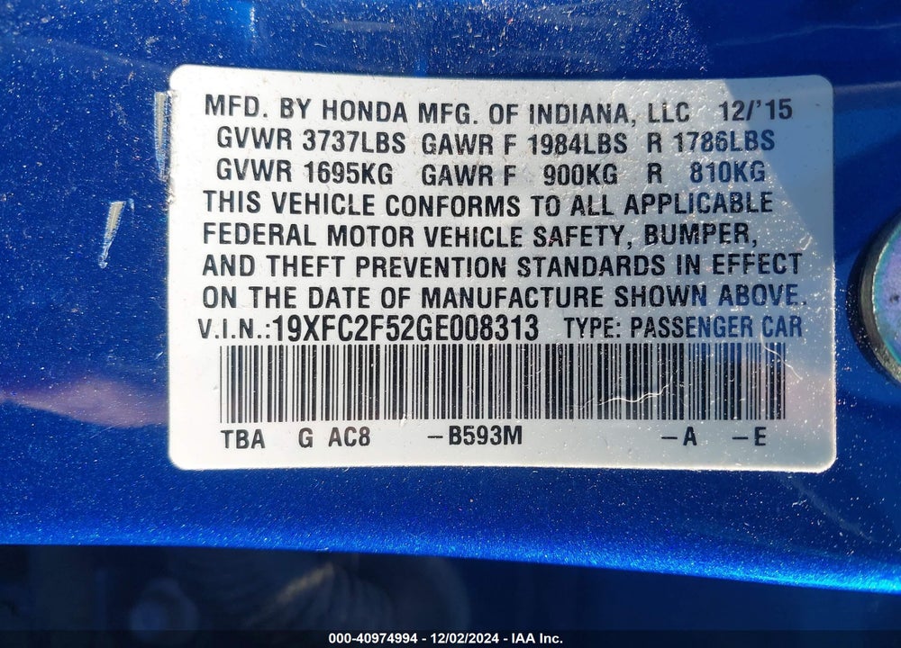 2016 HONDA CIVIC LX VIN: 19XFC2F52GE008313