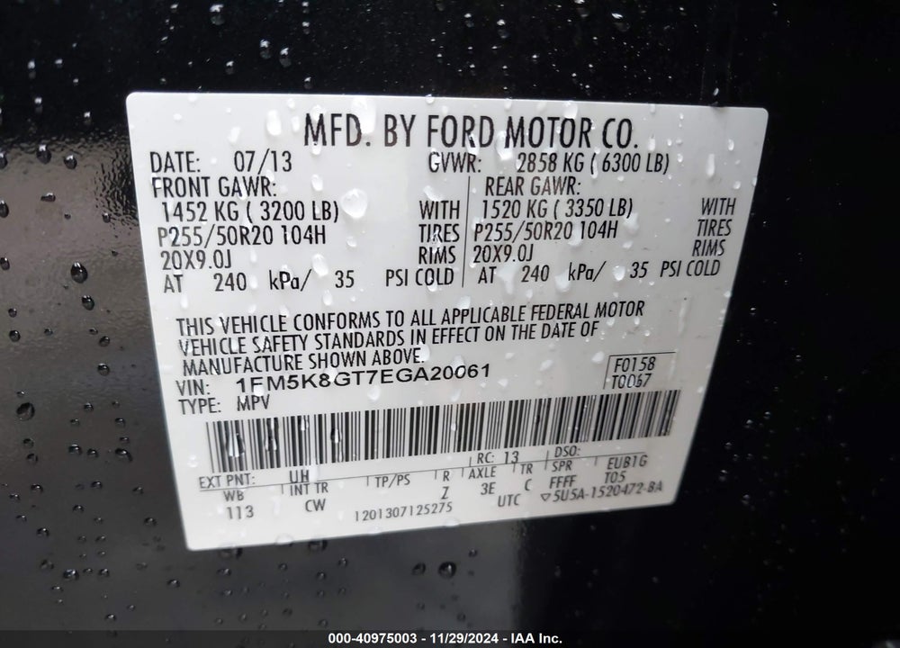 2014 FORD EXPLORER SPORT VIN: 1FM5K8GT7EGA20061