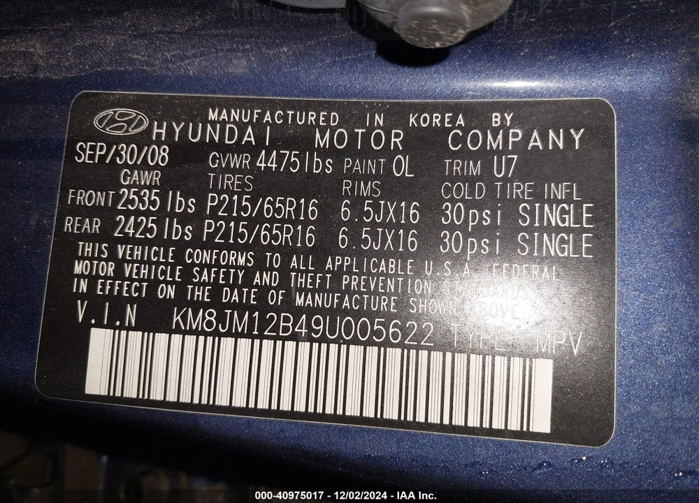 2009 HYUNDAI TUCSON GLS VIN: KM8JM12B49U005622