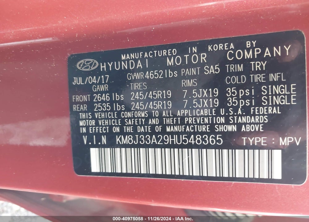 2017 HYUNDAI TUCSON VALUE VIN: KM8J33A29HU548365